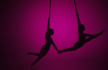 Modern koreografi ve akrobasi yaratıcı reklam konsepti. Pembe neon arka planda izole edilmiş iki kadın akrobatın silueti. Kızlar hava dansçıları ipler üzerinde uçan elementler sergiliyorlar..