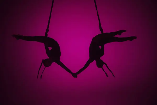 Nowoczesna Choreografia Koncepcja Kreatywnej Reklamy Akrobatycznej Sylwetka Dwóch Akrobatek Odizolowanych — Zdjęcie stockowe