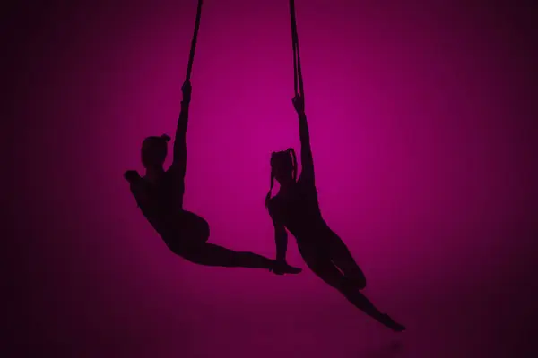 Modern choreography and acrobatics creative advertisement concept. Silhouette of two female acrobats isolated on pink neon background. Girls aerial dancers performing flying element on ropes.