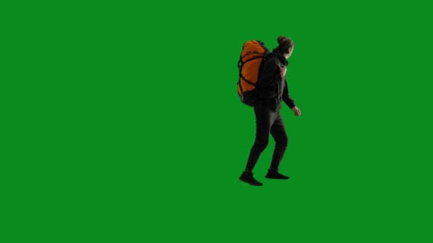 Male Hiker Backpack His Back Carefully Climbs Side View Man — Stock Video