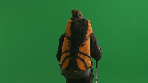 Pemandangan Kembali Pejalan Kaki Dengan Tongkat Tapak Seorang Pria Dengan — Stok Video