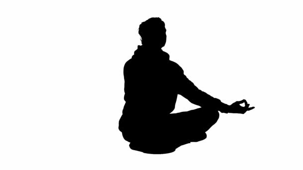 Black Silhouette Man Sitting Lotus Pose White Isolated Background Traveler — Stock Video