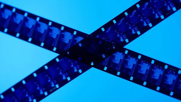 Crossed stripes of photographic film on blue background close up. Negatives of photographic film showing animals, cows, close up