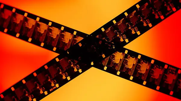 Crossed stripes of photographic film on gradient red orange background close up. Negatives of photographic film showing animals, cows, close up