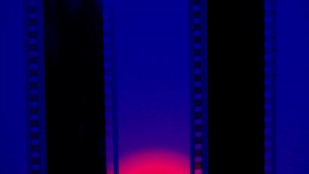 Дві Вертикальні Смуги Плівки Синьому Фоні Рожевим Круглим Світлом Крупним — стокове відео