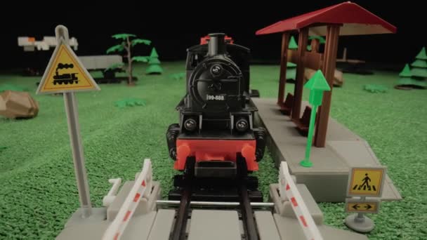 Yeşil Bir Manzaranın Ortasında Bir Platformda Duran Plastik Buhar Treninin — Stok video