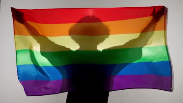 愛と多様性の広告コンセプト 白い背景に対して虹の旗を握っている人 Lgbtプライドフラッグを手に持った男のシルエット — ストック動画