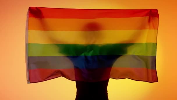 愛と多様性の広告コンセプト 黄色の背景に対して虹の旗を握っている人 Lgbtプライドフラッグを手に持った男のシルエット — ストック動画