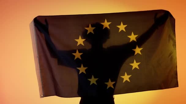 Национальные Флаги Патриотическая Рекламная Концепция Силуэт Человека Большим Флагом Жёлтом — стоковое видео