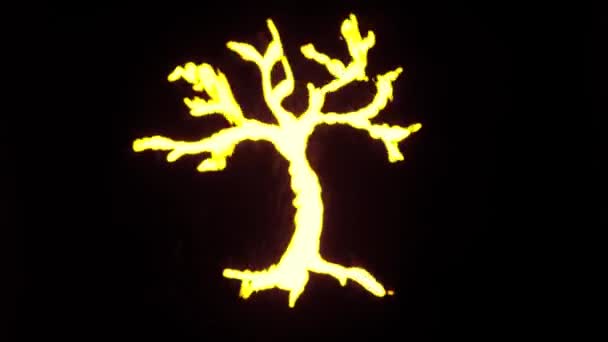 波浪广告概念中的符号 在黑色背景上隔离的签名模板 霓虹灯黄树 枝条和根号闪烁着水波在图标上移动 — 图库视频影像