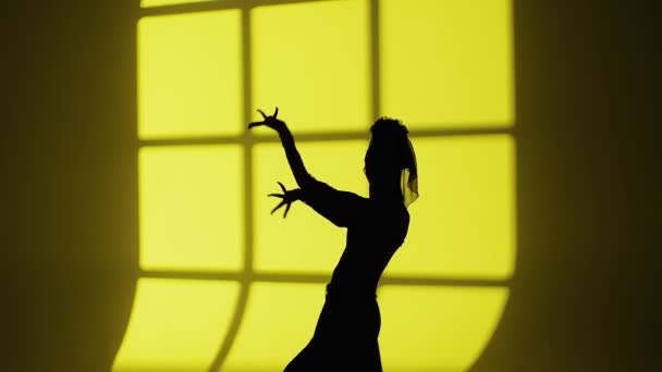 그늘에 대하여 춤추는 댄서의 실루엣 플라멩코 스타일 드레스에서 스튜디오에서 우아한 — 비디오