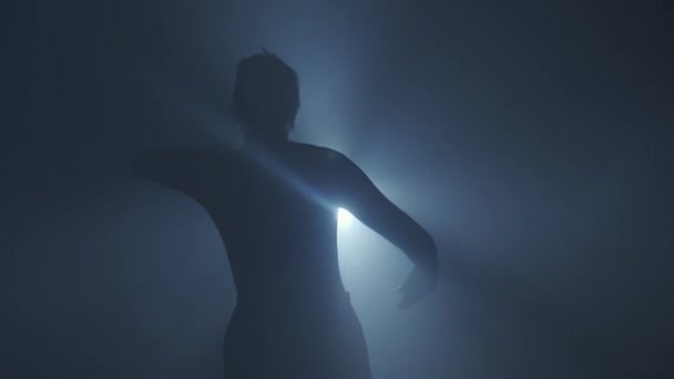 照明コンセプトのシルエット スタジオのブラックスモーキーバックグラウンドの明るいバックライトに対する女性モデル 女性のシルエット 暗闇の光のビームで遊ぶ動く手 — ストック動画