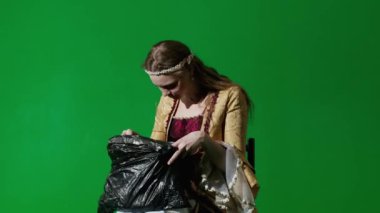 Tarihsel kişi modern yaşam tarzı reklamı. Krom anahtar yeşil ekran arka planında eski giysili bir kadın. Rönesans elbisesi giymiş bir kadın çöp torbası tutuyor ve içine bakıyor..