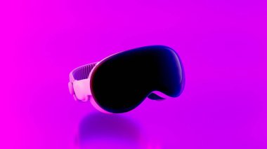 Apple Vision Pro İleri Teknoloji VR Gözlük - Sanal gerçeklik cihazı, 360 VR modern. Pembe arka planda, neon ışıkta izole edilmiş. Ukrayna, Dnipro: Ocak 2023.