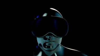 Siyah krom adamlar sanal gerçeklik gözlüğü ve neon ışıkta kulaklık takıyor. Oyun ya da eğlence aracı. Gelecekçi teknoloji konsepti sanatı. Parlak Moda 3d Canlandırması