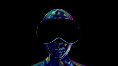 Siyah krom kadınlar sanal gerçeklik gözlüğü ve neon ışıkta kulaklık takıyor. Oyun ya da eğlence aracı. Gelecekçi teknoloji konsepti sanatı. Parlak Moda 3d Canlandırması