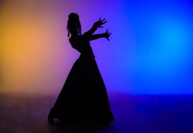 Modern koreografi bir dans. Renkli arka planda dans eden kadın silueti. Zarif dansçı tutkulu bir şekilde flamenko dansı yapıyor İspanyol tarzı koreografinin elementlerini sergiliyor..
