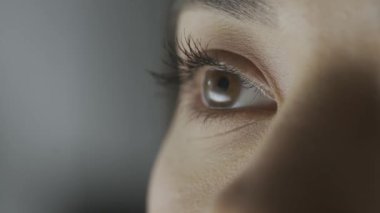 Görme bakımı, göz sağlığı hizmetleri konsepti. Kadın modelin makro görüntüsü. Asyalı genç bir kadın kırpık yüzle vurulmuş, kahverengi gözler kameradan uzağa bakıyor..