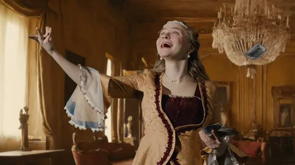 Tarihsel kişi modern yaşam tarzı reklamı. Tarihi iç mekanın arka planında, kadim kıyafetli bir kadın. Rönesans tarzı elbiseli bir kadın elinde para fanı, havaya para fırlatıyor..