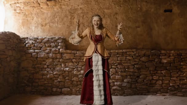 历史人物现代生活方式广告 穿着古装的女人 背景是历史的内部 身着复兴风格服装的女性看着摄像机怒吼着 — 图库视频影像