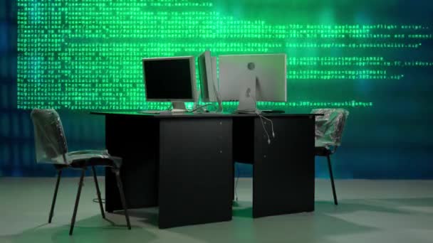 Futurystyczny Uniwersytet Koncepcja Sztucznej Inteligencji Biuro Informatyków Biurka Komputerami Krzesłami — Wideo stockowe