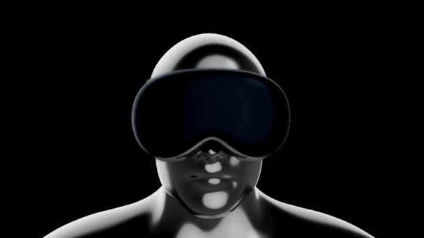 Cromo Nero Uomini Testa Occhiali Realtà Virtuale Cuffie Luce Neon — Video Stock