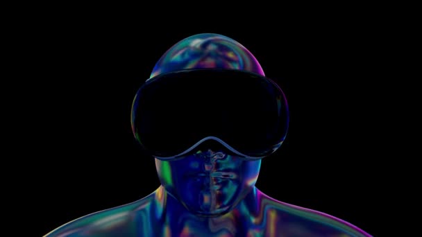Black Chromium Men Head Virtual Reality Glasses Headphones Neon Light — Stock Video