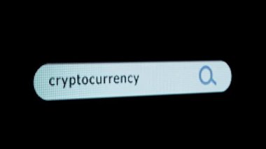 İnternet teknolojisi çevrimiçi bilgi. Ekran görüntüsü. Canlandırılmış arama çubuğuyla pikselli ekran, girilen anahtar kelime şifreli para birimi, büyüteç ve metin başlıklı tarayıcı çubuğu.