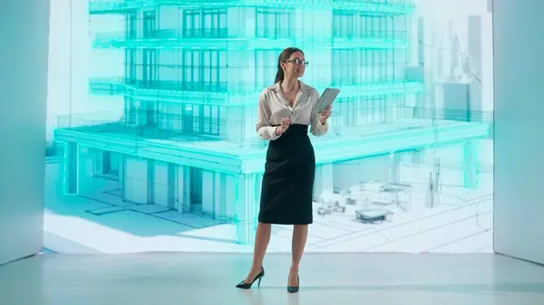 Woman Interacts Holographic Projection Multi Story Building Digital Display Illuminates — Stock Photo, Image