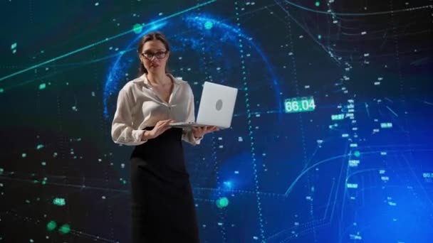 Woman Business Suit Gives Lecture While Using Laptop Present Complex — Stock Video