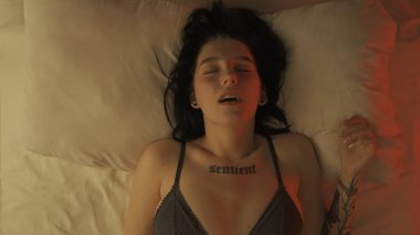 Yatak odasındaki bir yatakta iç çamaşırlı yarı çıplak genç bir kadının manzarası. Dişi, gözlerini zevkle kapatarak yalan söylüyor, yüzünde tutkulu bir ifade var. Romantizm kavramı, aşk, ilişkiler