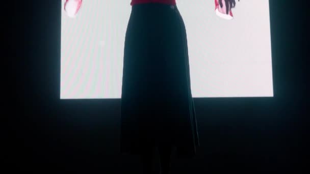 デジタルビジュアルテクノロジーコンセプト デジタル壁に対する女性モデル クラブのバックグラウンドストロブシンボルでデジタルスクリーンウォールの前で踊る女性のシルエット — ストック動画