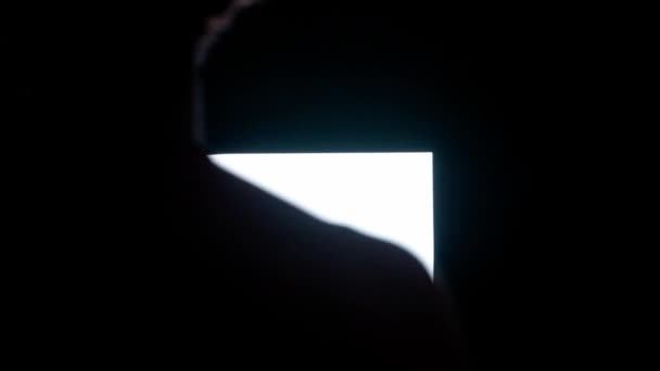 数字视觉技术概念 在黑暗俱乐部里 男性的轮廓紧靠着数字墙 男子赤身裸体走向大的数字屏幕 带有触摸符号 后空翻 — 图库视频影像
