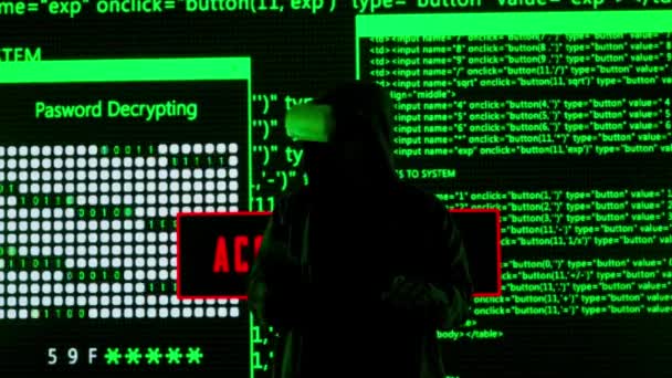 Cyberpunk Vizuální Technologie Tvůrčí Koncept Osoba Proti Velké Digitální Zdi — Stock video