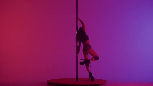 ポールでエロティックダンスを踊る若い壮大な女性 パープルとピンクの光でスタジオでピロンの上で踊るショートショートパンツ トップとハイヒールブーツのロングヘア女性 — ストック動画