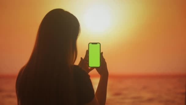 在夕阳西下 一个拿着智能手机的年轻女性的轮廓正在浏览信息 — 图库视频影像