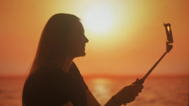 Silhouette Einer Jungen Frau Bei Einem Videoanruf Auf Einem Smartphone — Stockvideo