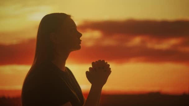 Sylwetka Młodej Samicy Modlącej Się Składającej Dłonie Razem Przeciwko Jasnym — Wideo stockowe