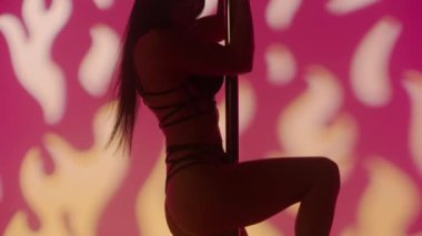 Güzel seksi kadın erotik direk dansı yapıyor. Dansçı kadın stüdyodaki direkte egzotik koreografi yapıyor..