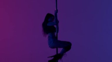 Genç, muhteşem bir kadın direğin üzerinde erotik dans ediyor. Uzun saçlı, kısa şortlu üst ve yüksek topuklu çizmeli bir kadın. Stüdyoda mor ve pembe ışıklarla dans ediyor.