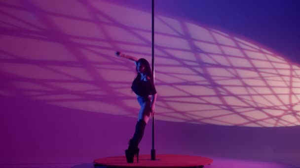 Jovem Mulher Espetacular Dançando Dança Erótica Pólo Mulher Cabelos Longos — Vídeo de Stock