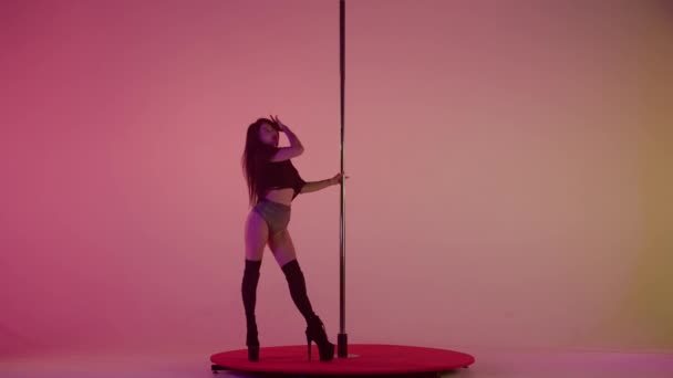 ポールでエロティックダンスを踊る若い壮大な女性 ピンクの光でスタジオでピロンの上で踊るショートショートパンツ トップとハイヒールブーツの長髪の女性 — ストック動画