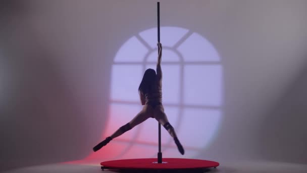 Mulher Sexy Bonita Executa Elementos Dança Erótica Pólo Dançarina Realiza — Vídeo de Stock