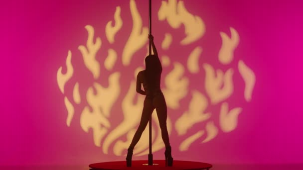 美しいセクシーな女性はエロティックなポールダンスの要素を実行します 女性ダンサーがスタジオでピロンのエキゾチックな振付を行います — ストック動画