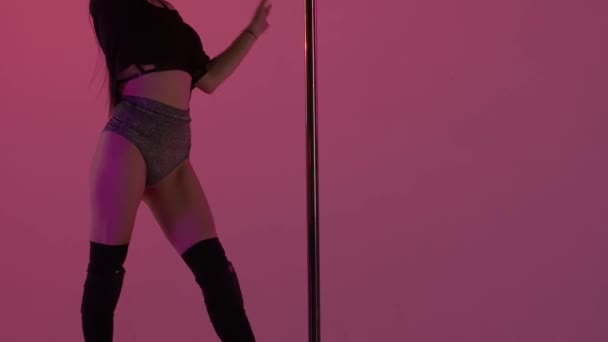 ポールでエロティックダンスを踊る若い壮大な女性 パープルとピンクの光でスタジオでピロンの上で踊るショートショートパンツ トップとハイヒールブーツのロングヘア女性 — ストック動画