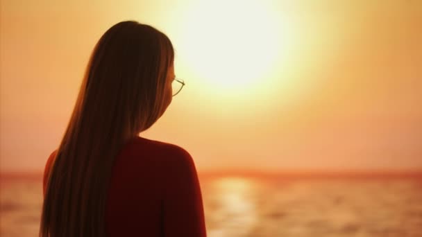 Silhouette Woman Sunset Background Making Korean Heart Sign Fingers Raising — Stock Video