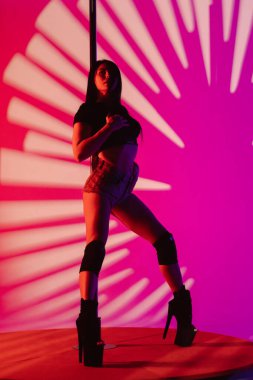 Güzel seksi kadın erotik direk dansı yapıyor. Dansçı kadın stüdyodaki direkte egzotik koreografi yapıyor..