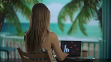 Serbest ve serbest meslek hayatı konsepti. Uzaktan çalışan ve seyahat eden bir kadın. Dizüstü bilgisayarda çalışan, tropik plaj otelinde fincandan kahve içen serbest çalışan genç bir kadın..