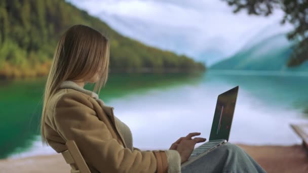 自由职业和自营职业生活方式的概念 从事远距离工作和旅行的女性 年轻的女自由职业者在高山湖畔工作 手持笔记本电脑打字 从事项目工作 — 图库视频影像