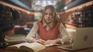 Eğitim ve online öğrenim reklam konsepti. Üniversite kampüsünde bir kadın. Halk kütüphanesinde oturan, sınavlara çalışan, görev için dizüstü bilgisayar kullanan genç bir kız öğrenci..